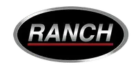 "Ranch" logo with silver text and a red underline inside a black oval with a silver border.